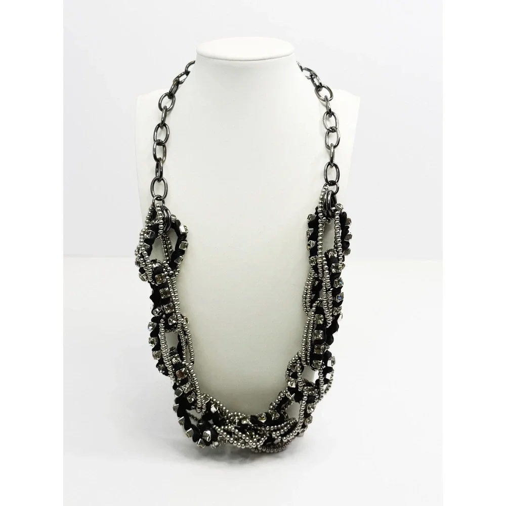 Banana Republic Gunmetal Black Braided Rhinestone Statement Bib Necklace Goth